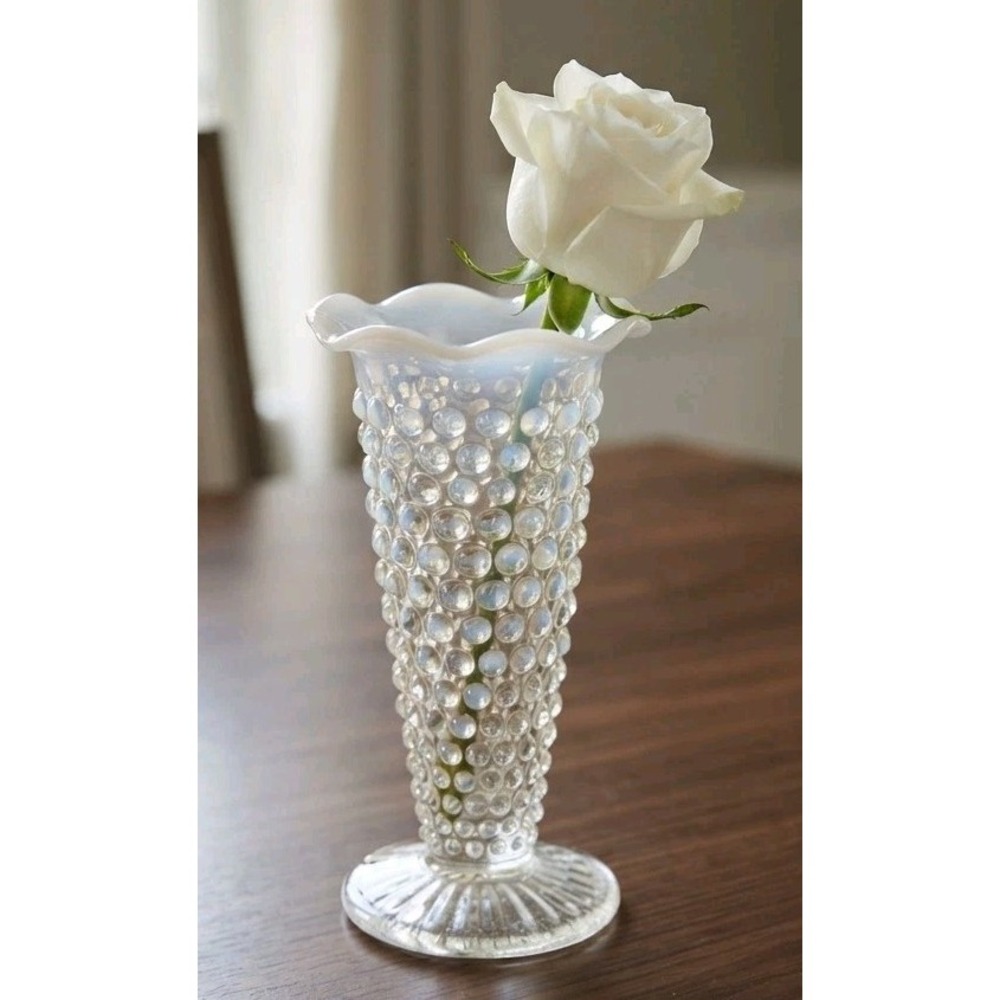 Vintage 40's Anchor Hocking Moonstone Opalescent 5 1/2" Crimped Bud Vase Hobnail
